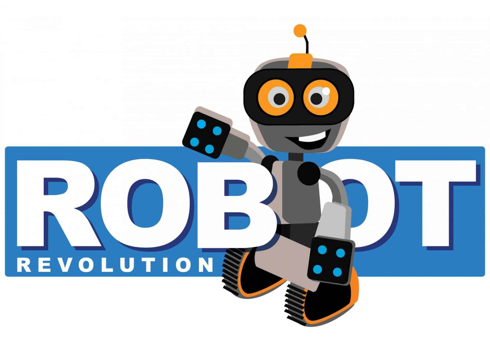 Robot Revolution logo med en tegneserierobot, der hopper.